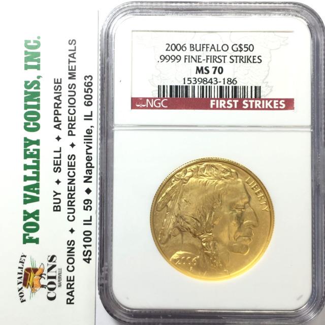 2006 $50 Gold Buffalo Coin 1 Oz. 9999 Fine Gold Ms70 Ngc First Strikes Label
