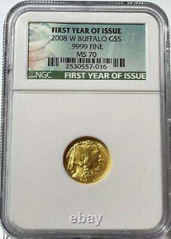 2008 W $5 Gold Buffalo NGC MS70 1/10 Oz. 9999 Fine First Year of Issue Label