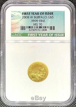 2008 W G$5 Gold Buffalo MS70 NGC FIRST YEAR OF ISSUE. 9999 Fine FYI Label