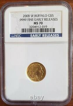 2008 W NCG MS70 $5 GOLD BUFFALO 1/10 Oz. 9999 Fine BURNISHED EARLY RELEASE ER