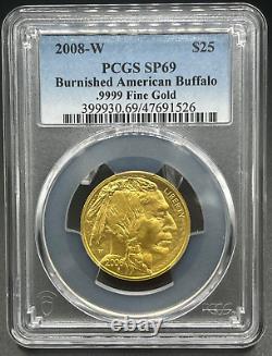 2008-w $25 Burnished Gold Buffalo 1/2 Oz. 9999 Fine Gold Coin Sp69 Pcgs
