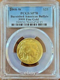 2008-w $25 Burnished Gold Buffalo Pcgs Sp70 1/2 Oz. 9999 Fine Gold Coin