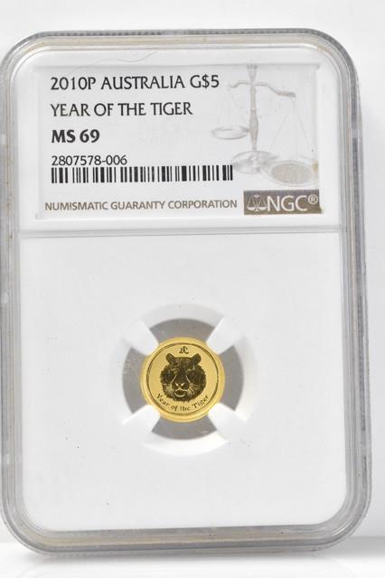 2010 P Ngc Ms 69 Australia Year Of The Tiger 1/20 Oz 9999 Fine Gold Lunar