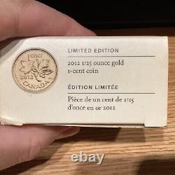 2012 Canada 1 Cent Fine Gold Coin Farewell Penny 1/25 oz Gold With Box, Coa