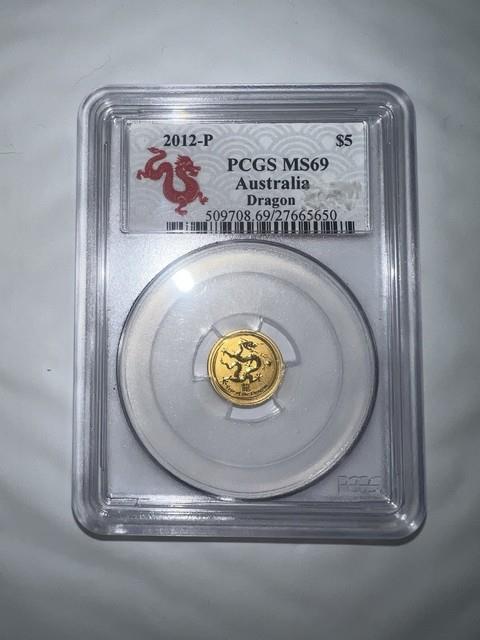 2012p Australia $5 Lunar Year Of The Dragon Ms 69 Graded 1/20th Oz Fine Gold