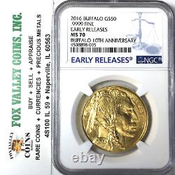 2016 $50 Gold Buffalo 10th Anniv. 1 Oz. 9999 Fine Gold Ms70 Ngc Early Releases