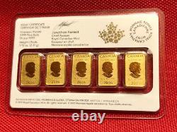 2016 Canada 5 x 1/10 oz RCM Fine Gold $25 Coin Bar Set in Certified Assay Card