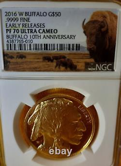 2016-W Gold American Buffalo $50 Proof Coin. 9999 Fine PF70 Ultra Cameo ER