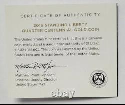 2016-W Standing Liberty Centennial 1/4oz Gold Coin W COA. 999 FINE GOLD