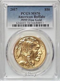 2017 $50 1oz Gold American Buffalo MS70 PCGS Blue Label, 9999 Fine Gold