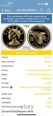 2018 W $10 American Liberty High Relief. 9999 Fine Gold Coin PCGS PR69DCAM NFC 2018 W $10 American Liberty High Relief. 9999 Fine Gold Coin PCGS PR69DCAM NFC