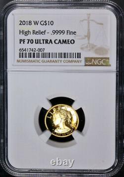 2018-W $10 Gold High Relief NGC PF70 Ultra Cameo. 9999 Fine Brown Label