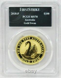 2018-p Austrailia 1 Oz Gold Swan First Stirke. 9999 Fine Pcgs Graded Ms70