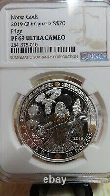 2019 Canadian $20 Norse Gods Frigg 1 oz Fine Silver Gold-plated Coin NGC PR69