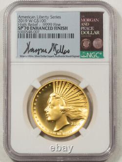 2019-w $100 American Liberty Gold, High Relief. 9999 Fine Ngc Sp-70 Enhanced