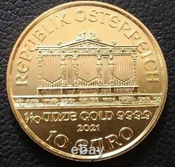 2021 Austrian 1/10 Gold Philharmonic BU Coin 1/10 oz. Fine Gold. 9999