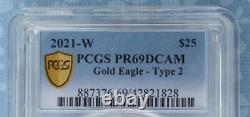 2021 W PCGS PR 69 D-Cam Gold American Eagle, TYPE 2 $25 Coin, 1/2 oz Fine Gold