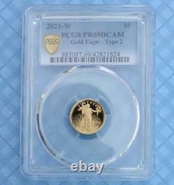 2021 W PCGS PR 69 D-Cam Gold American Eagle Type 2 $5 Coin, 1/10oz Fine Gold