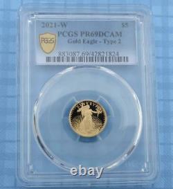 2021 W PCGS PR 69 D-Cam Gold American Eagle Type 2 $5 Coin, 1/10oz Fine Gold