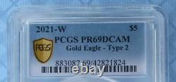 2021 W PCGS PR 69 D-Cam Gold American Eagle Type 2 $5 Coin, 1/10oz Fine Gold