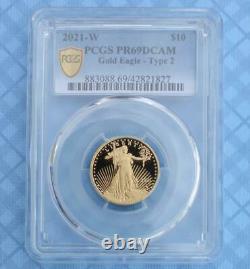 2021 W PCGS PR 69 D-Cam Type 2 Gold American Eagle $10 Coin, 1/4oz Fine Gold