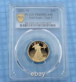 2021 W PCGS PR 69 D-Cam Type 2 Gold American Eagle $10 Coin, 1/4oz Fine Gold