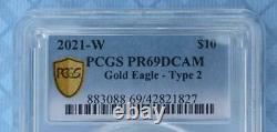 2021 W PCGS PR 69 D-Cam Type 2 Gold American Eagle $10 Coin, 1/4oz Fine Gold