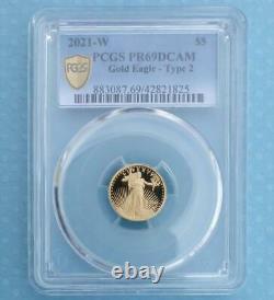 2021 W PCGS PR 69 D-Cam Type 2 Gold American Eagle $5 Coin, 1/10oz Fine Gold