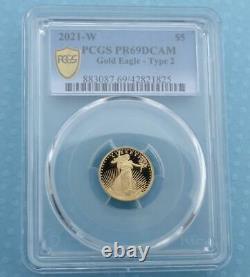 2021 W PCGS PR 69 D-Cam Type 2 Gold American Eagle $5 Coin, 1/10oz Fine Gold