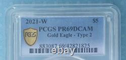 2021 W PCGS PR 69 D-Cam Type 2 Gold American Eagle $5 Coin, 1/10oz Fine Gold