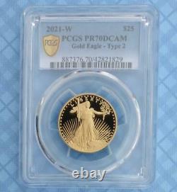 2021 W PCGS PR70 D-Cam Gold American Eagle, TYPE 2 $25 Coin, 1/2 oz Fine Gold