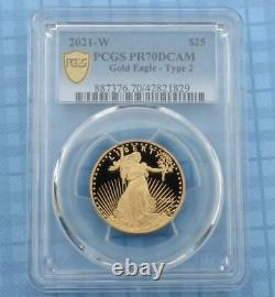 2021 W PCGS PR70 D-Cam Gold American Eagle, TYPE 2 $25 Coin, 1/2 oz Fine Gold