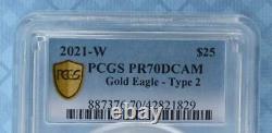 2021 W PCGS PR70 D-Cam Gold American Eagle, TYPE 2 $25 Coin, 1/2 oz Fine Gold