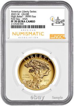 2023-W American Liberty Series High Relief. 9999 Fine ANA First Day NGC PF70