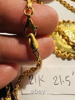 21Carat 21K 875 Fine Real Yellow Gold 21.5 /22 Long Rope Coin Necklace 11.8g