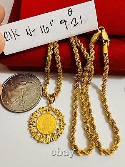 21Carat 21K 875 Real Fine Gold Dubai Rope Chain Coin Necklace 16 Long 9.1g 3mm