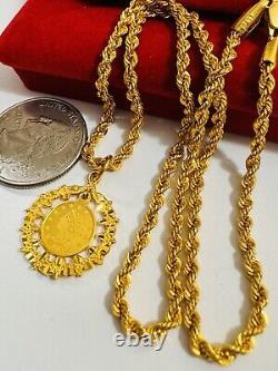 21Carat 21K 875 Real Fine Gold Dubai Rope Chain Coin Necklace 16 Long 9.1g 3mm