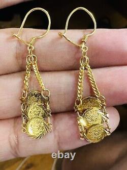 21K Fine 875 Saudi Real Fine Gold Women's Coin Dangle Set Earring 2 Long 4.3g