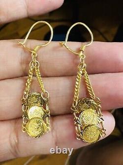 21K Fine 875 Saudi Real Fine Gold Women's Coin Dangle Set Earring 2 Long 4.3g