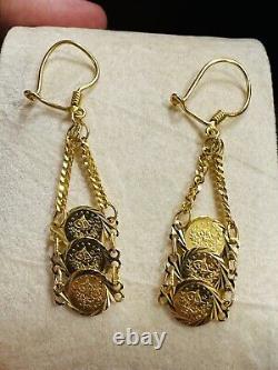 21K Fine 875 Saudi Real Fine Gold Women's Coin Dangle Set Earring 2 Long 4.3g