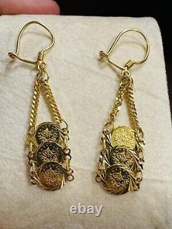 21K Fine 875 Saudi Real Fine Gold Women's Coin Dangle Set Earring 2 Long 4.3g