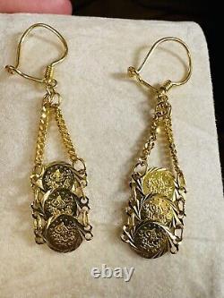 21K Fine 875 Saudi Real Fine Gold Women's Coin Dangle Set Earring 2 Long 4.3g