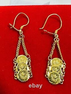 21K Fine 875 Saudi Real Fine Gold Women's Coin Dangle Set Earring 2 Long 4.3g