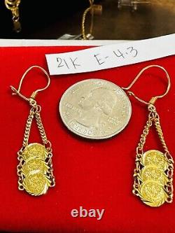 21K Fine 875 Saudi Real Fine Gold Women's Coin Dangle Set Earring 2 Long 4.3g