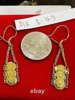 21K Fine 875 Saudi Real Fine Gold Women's Coin Dangle Set Earring 2 Long 4.3g