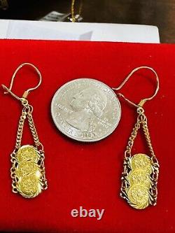 21K Fine 875 Saudi Real Fine Gold Women's Coin Dangle Set Earring 2 Long 4.3g