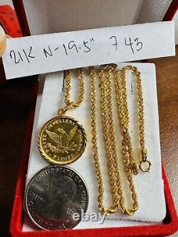21K Gold Round Coin Set Necklace Fine 875 19.5 Long Women's Necklace 2.5mm 7.4g