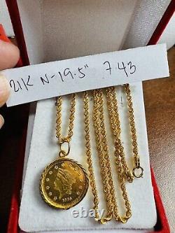 21K Gold Round Coin Set Necklace Fine 875 19.5 Long Women's Necklace 2.5mm 7.4g