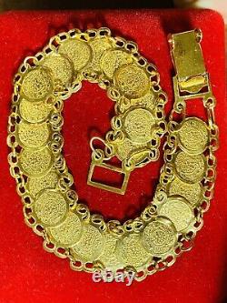 21k 875 Fine Solid Gold Real Womens Coin Bracelet 8 Long 14mm 9.3g Fast Ship