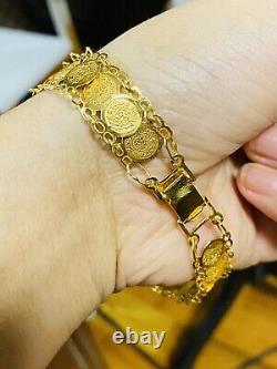 21k 875 Fine Solid Gold Real Womens Coin Bracelet 8 Long 14mm 9.3g Fast Ship